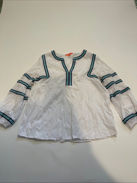 Vilagallo Tops - Vilagallo White Top with Teal and Navy Stripe Trim